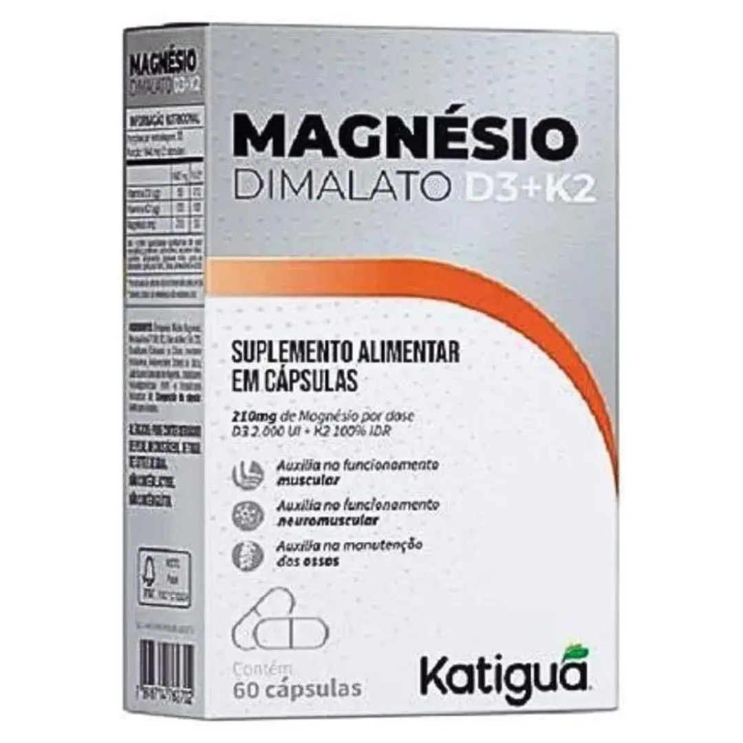 Katiguá, Magnésio Dimalato + D3 e K2, Sem sabor, 60 Cápsulas rígidas • 30 doses, Branco