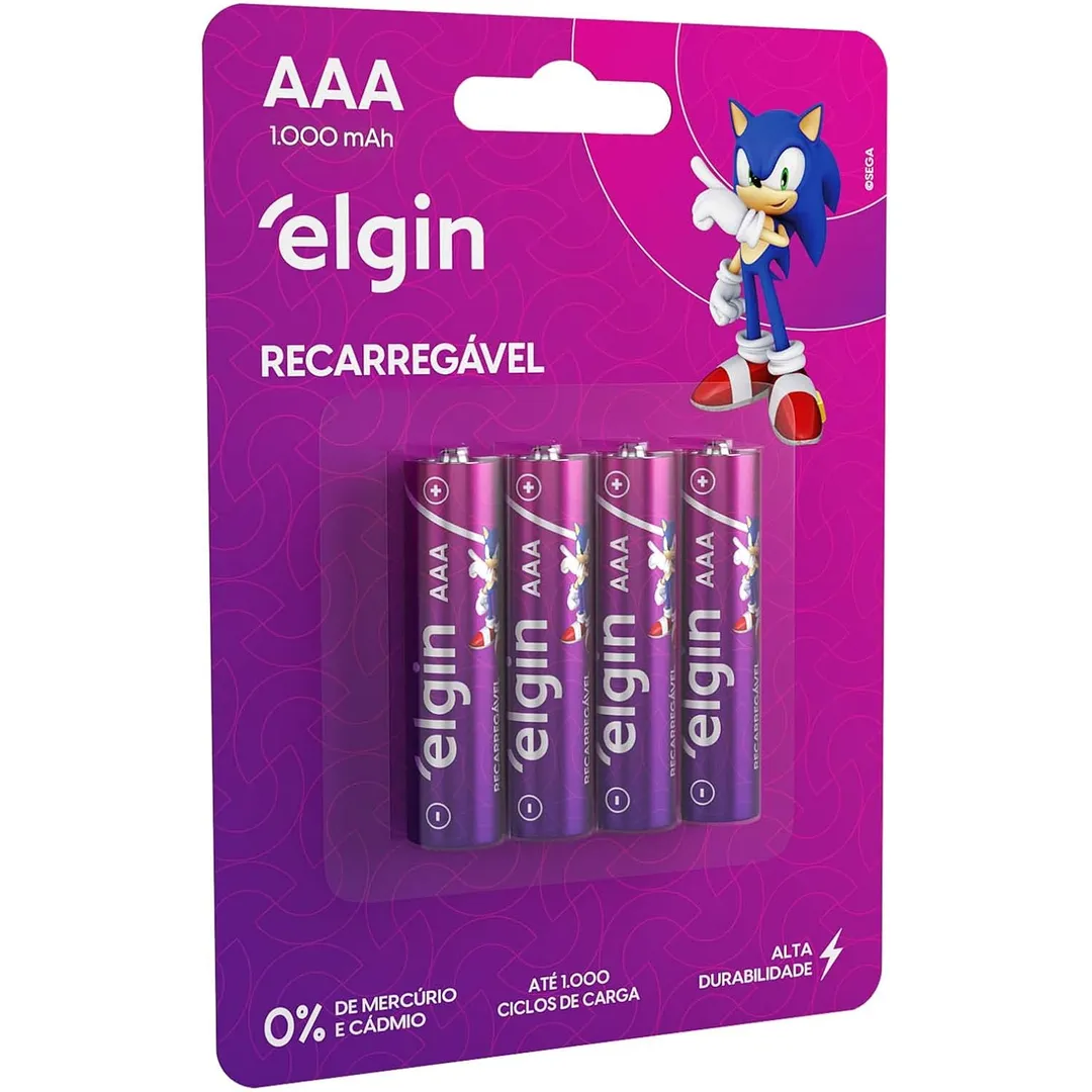 Pilha recarregável AAA 1000mAh Elgin com 4 unidades Palito