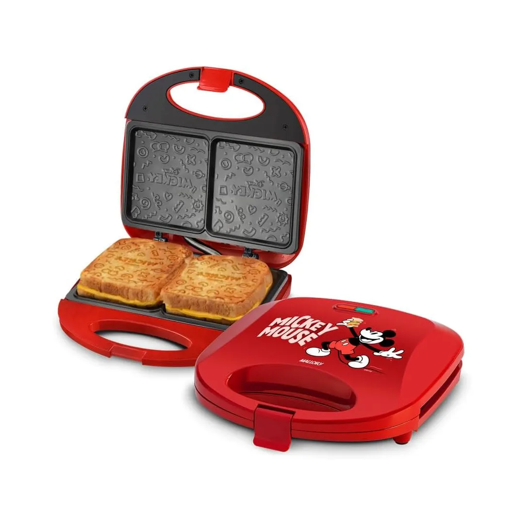 Sanduicheira Elétrica Mallory Mickey Mouse Funny Plates – Placas com Design, Superfície Antiaderente, Luzes LED, Alça com Toque Frio e Trava de Segurança - 220V
