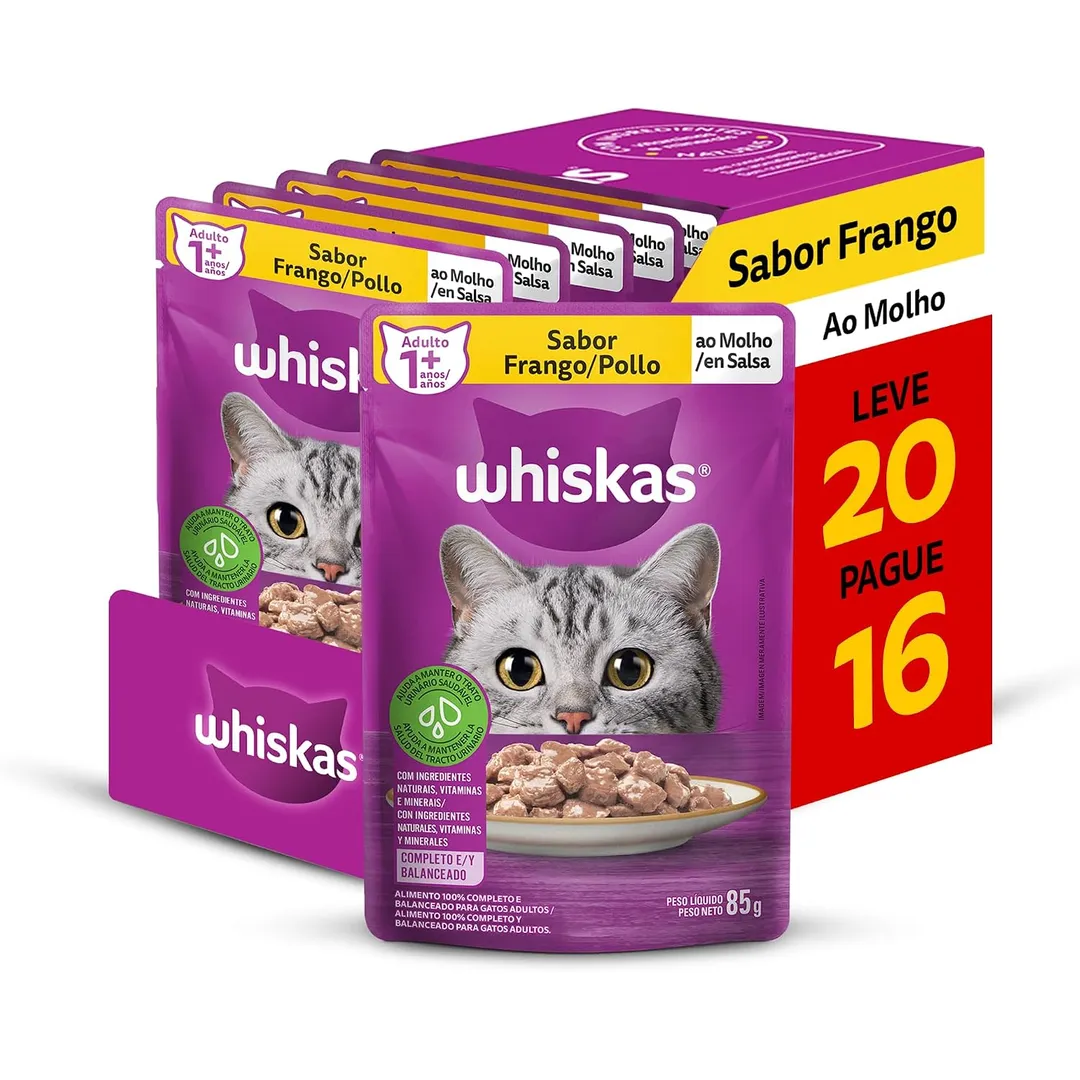 Pack Ração Úmida Whiskas Sachê Frango ao Molho para Gatos Adultos - Leve 20 Pague 16