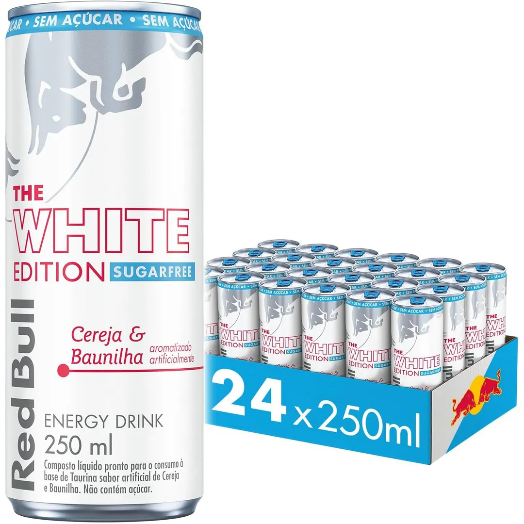 Red Bull Energético, White Edition, Cereja e Baunilha, Sem Açúcar, 250ml, 24 latas