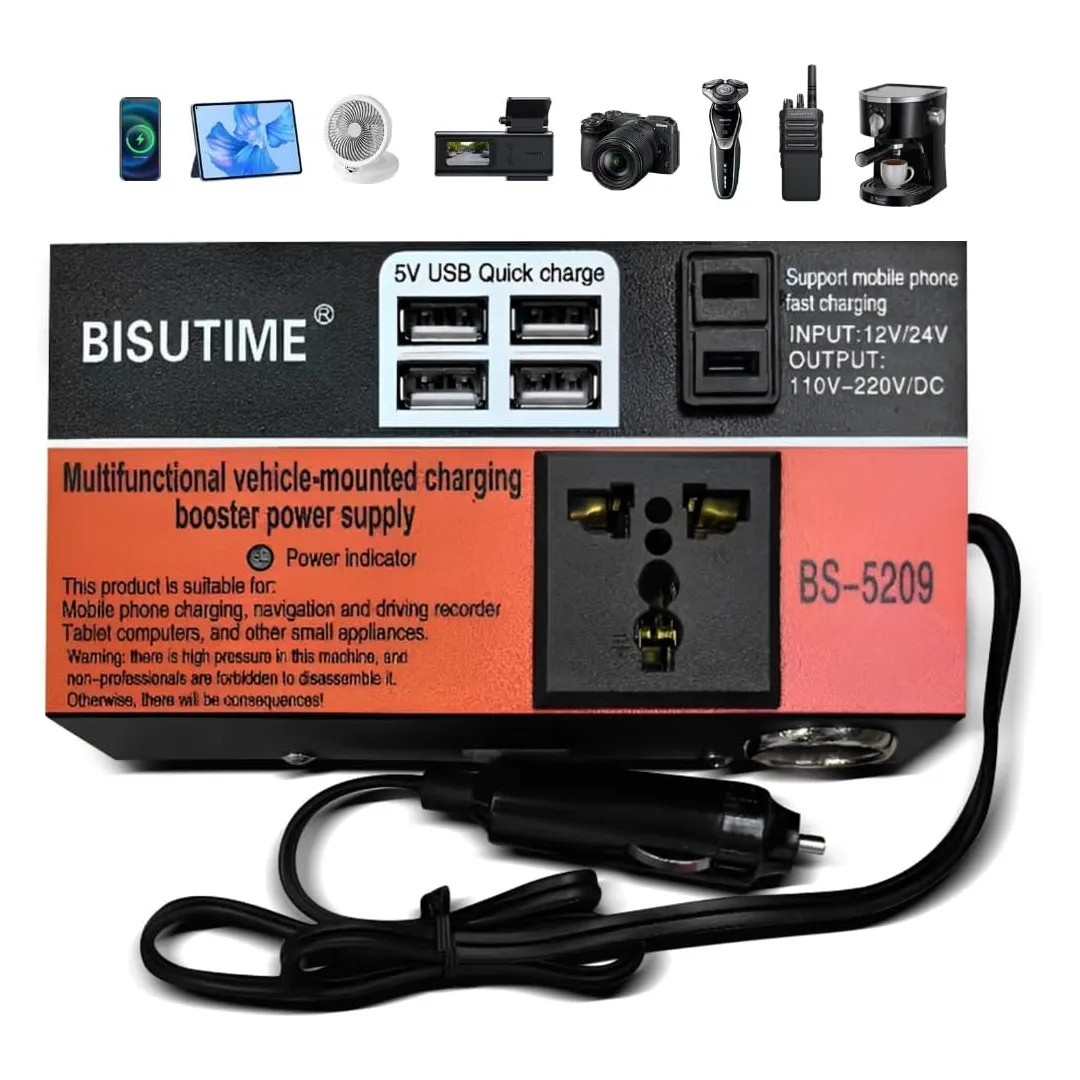 Inversor de Carro 12V 24V para 110V 220V, Fonte de Alimentação com 2 USB Rápido, Conversor Portátil até 80W para Notebook, Tablet, Celular, Viagem