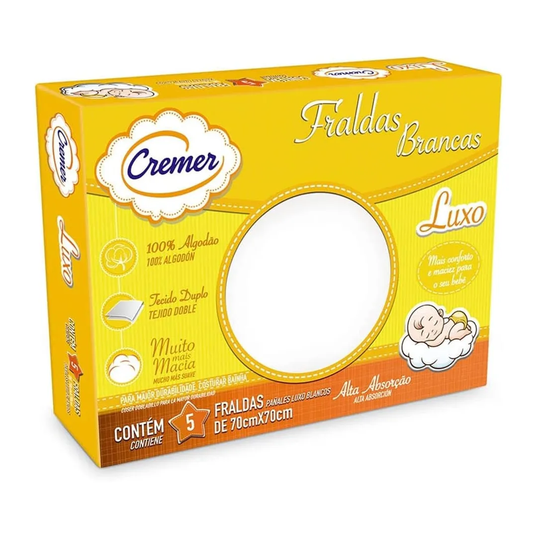 Cremer Fralda Luxo Branca 70 X 70 Cm Pc Com 5 Unidades (Embalagem Pode Variar)
