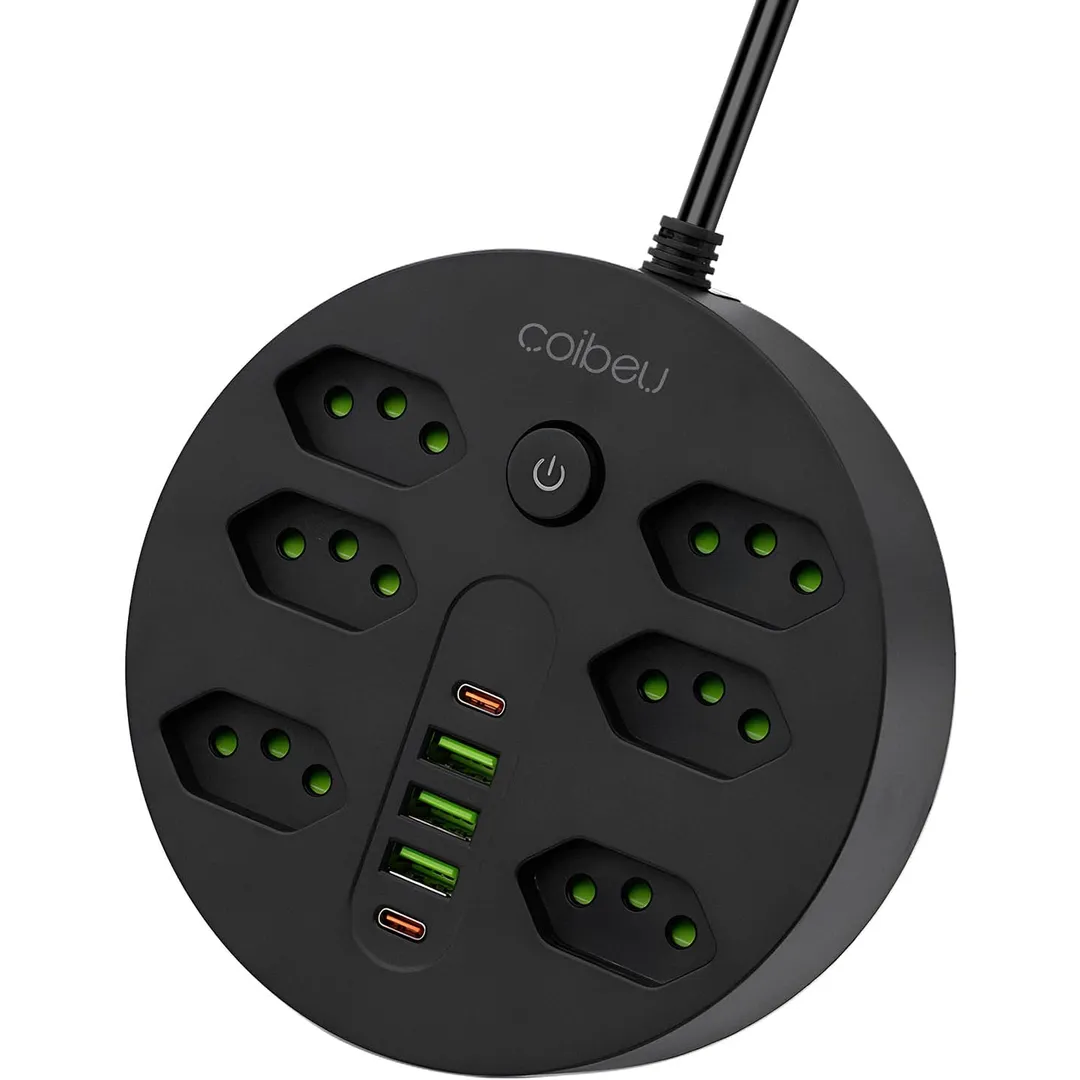 Extensão Tomada, Régua Tomada, Régua de Energia, 6 Tomadas, 3 Interfaces USB, 2 Porta USB Tipo-C, Cabo de Alimentação de 1,9 metros, Suporte a Tensão de 110-220V, Potência de 2500W, Preto
