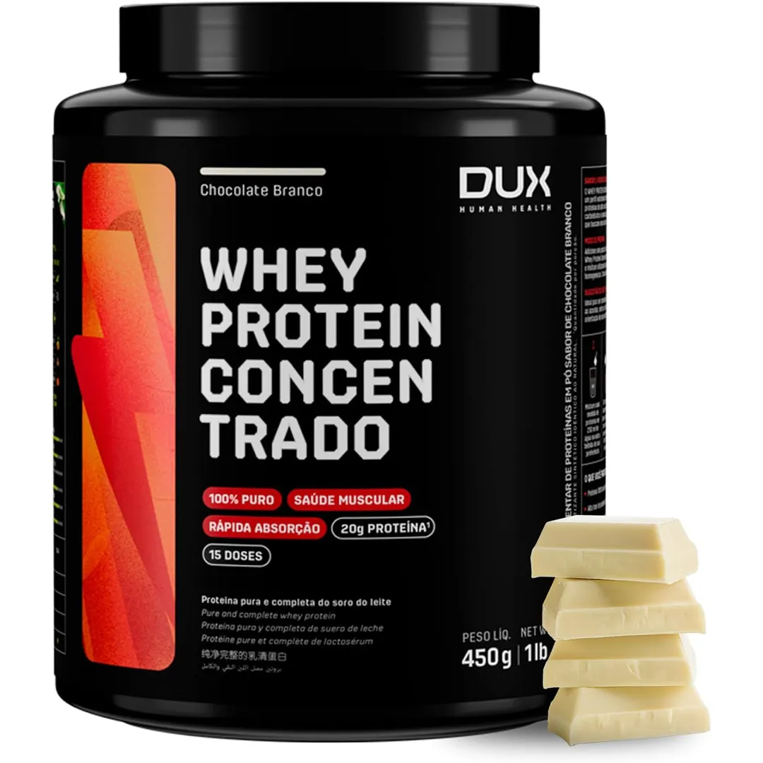DUX HUMAN HEALTH Whey Protein Concentrado 450g Chocolate Branco – Versátil para Receitas e Shakes