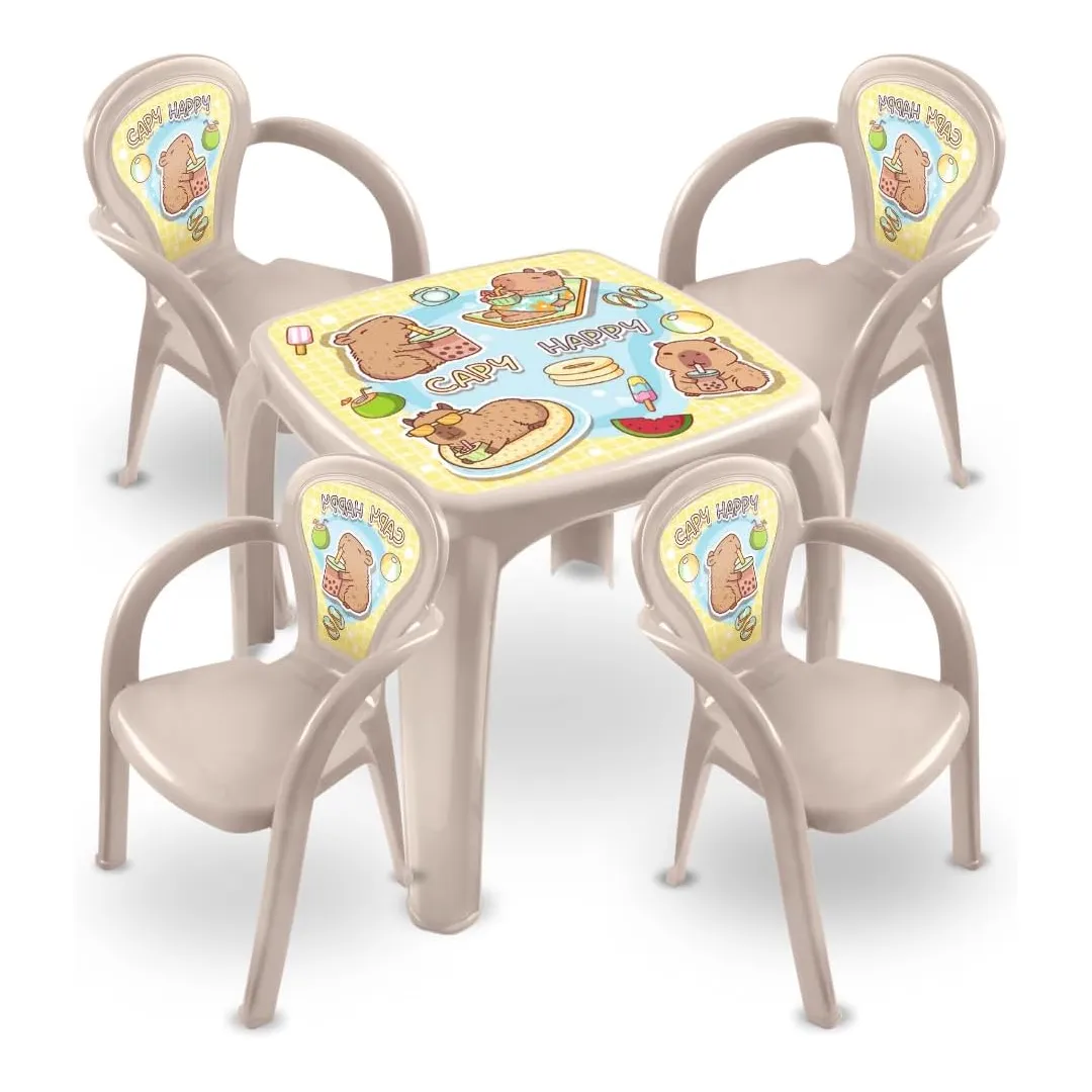Mesa Mesinha Infantil Capy Happy Capivara Atividades Escolar (Mesa + 4 CAdeiras)
