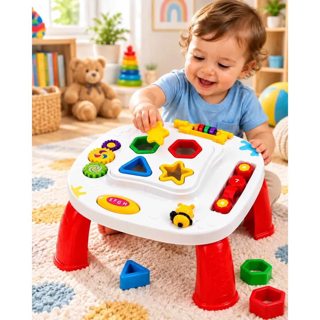 Mesinha Didática Infantil com Atividades e Som, Brinquedo Educativo com Formas de Encaixe, Engrenagens e Peças Móveis para Coordenação Motora, Cores e Formas, 12 Meses+