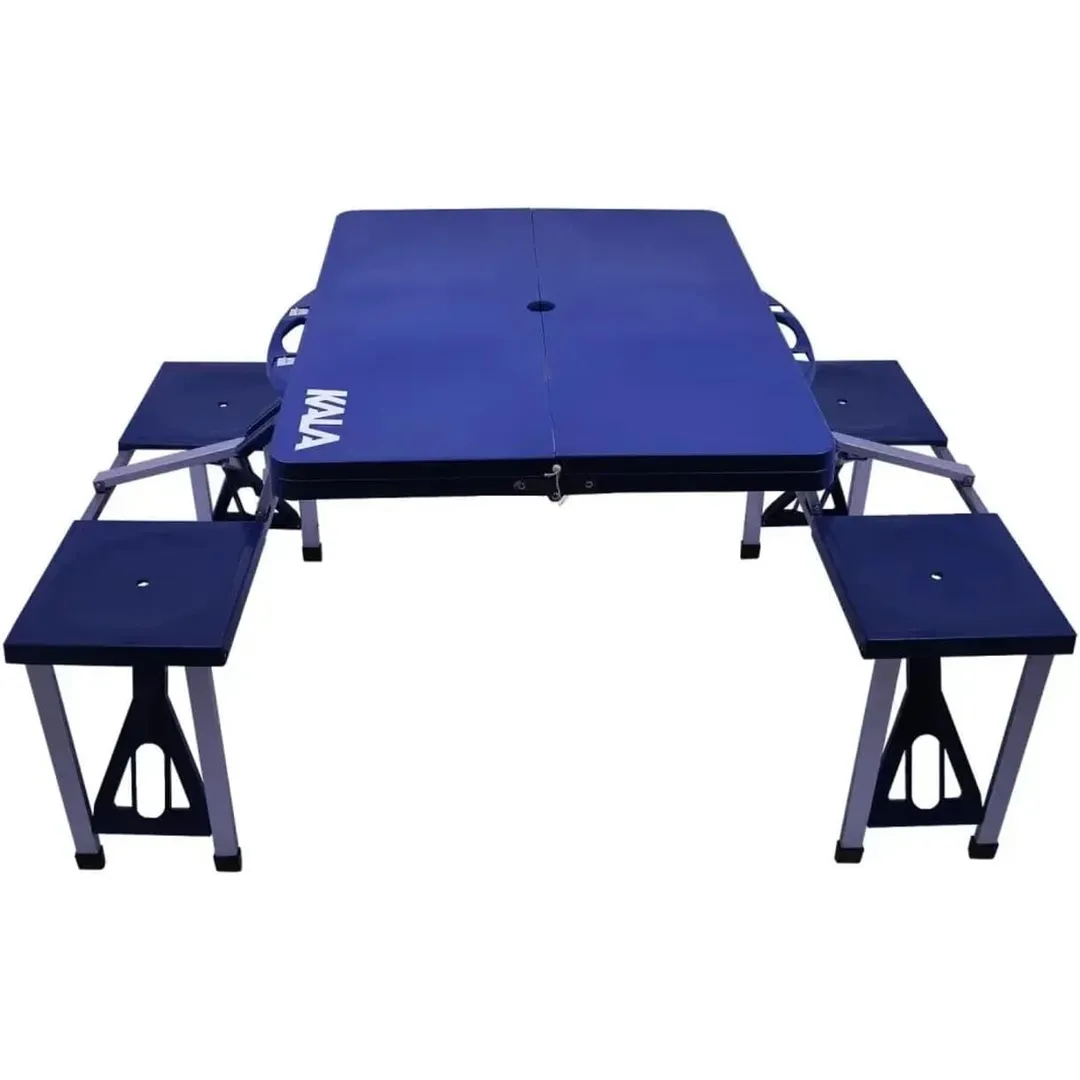 Mesa Dobrável Kala Deluxe Azul com 4 Banquetas de Alumínio para Camping